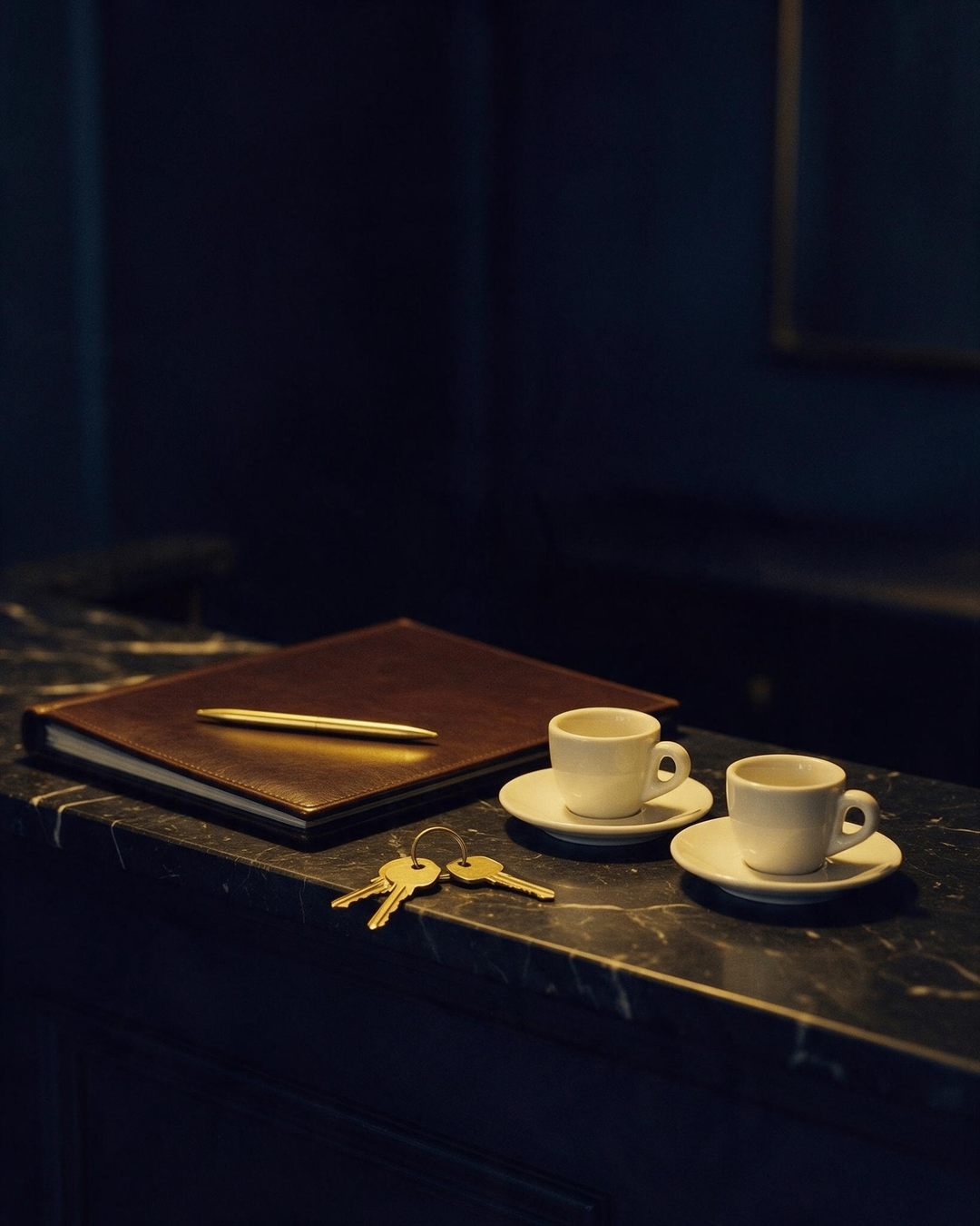 A closed leather ledger with a pen on top, beside two espresso cups and a set of keys.