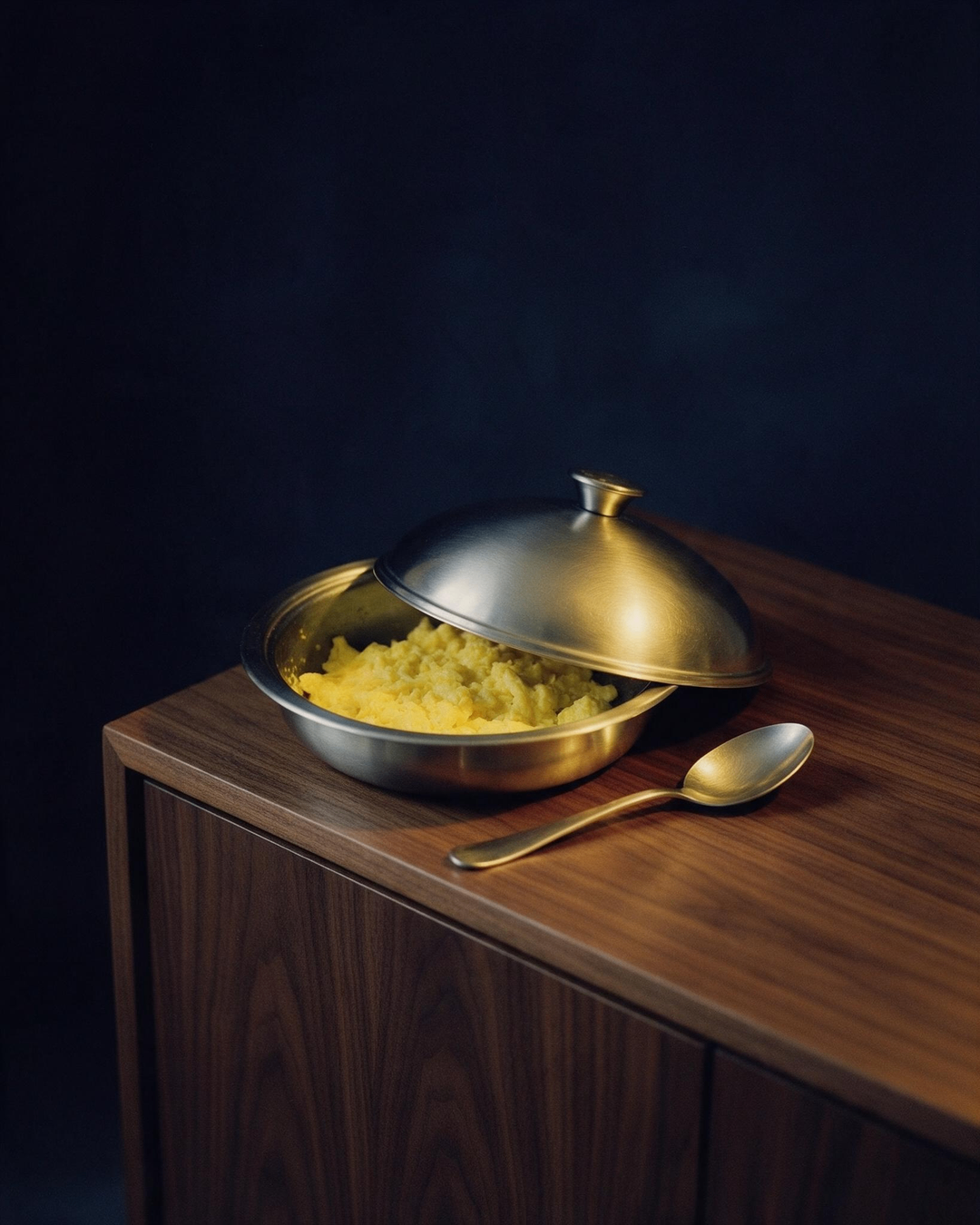 A lidded steel dish of scrambled eggs on a dark sideboard, lid half open.