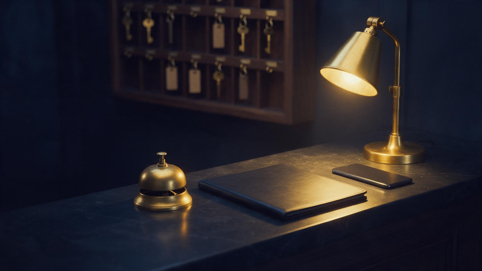 A brass bell, a leather ledger and a phone face-down on a hotel front desk at night.