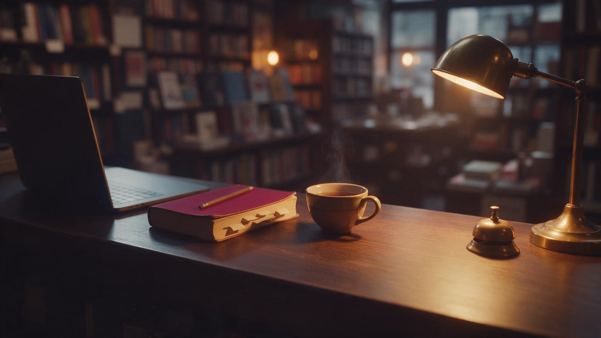 A bookshop counter in the afternoon: an open laptop, a paperback bristling with page tabs, a pencil and a cup of tea beside a brass bell.